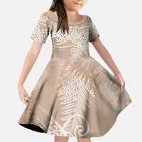 Aotearoa Maori Koru Curves Family Matching Off Shoulder Maxi Dress and Hawaiian Shirt Silver Ferns - Mocha LT7 Daughter's Dress Beige - Polynesian Pride