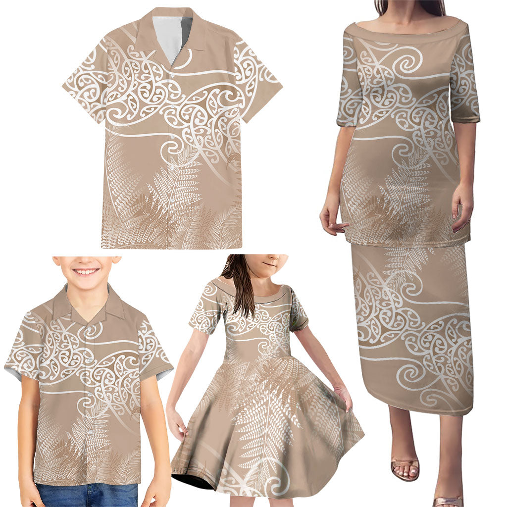 Aotearoa Maori Koru Curves Family Matching Puletasi and Hawaiian Shirt Silver Ferns - Mocha LT7 - Polynesian Pride