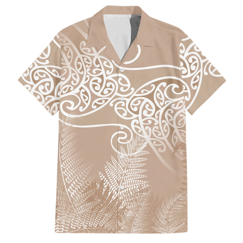 Aotearoa Maori Koru Curves Family Matching Puletasi and Hawaiian Shirt Silver Ferns - Mocha LT7 Dad's Shirt - Short Sleeve Beige - Polynesian Pride