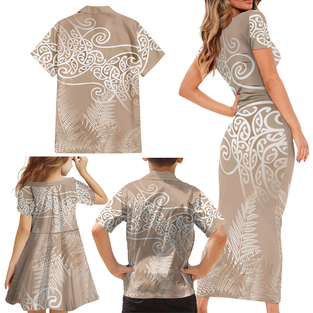 Aotearoa Maori Koru Curves Family Matching Short Sleeve Bodycon Dress and Hawaiian Shirt Silver Ferns - Mocha LT7 - Polynesian Pride