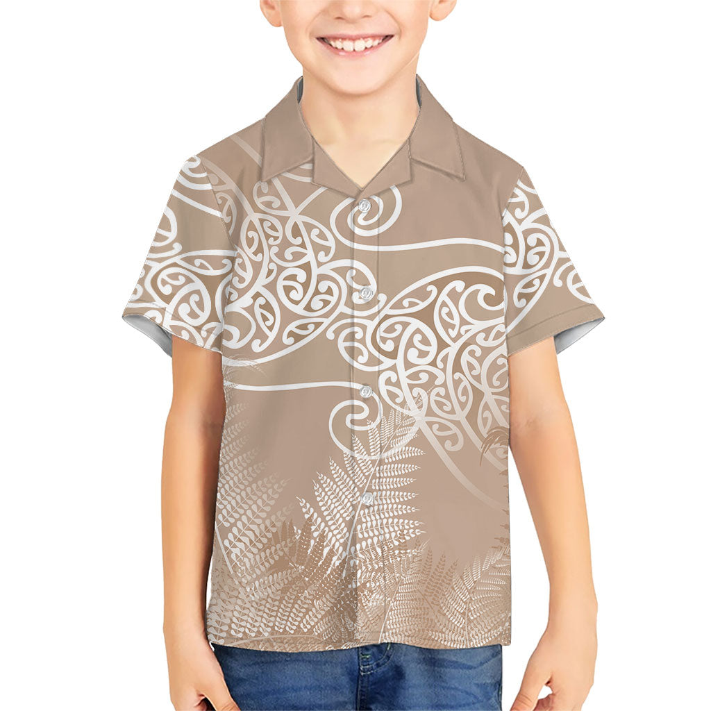 Aotearoa Maori Koru Curves Family Matching Short Sleeve Bodycon Dress and Hawaiian Shirt Silver Ferns - Mocha LT7 Son's Shirt Beige - Polynesian Pride