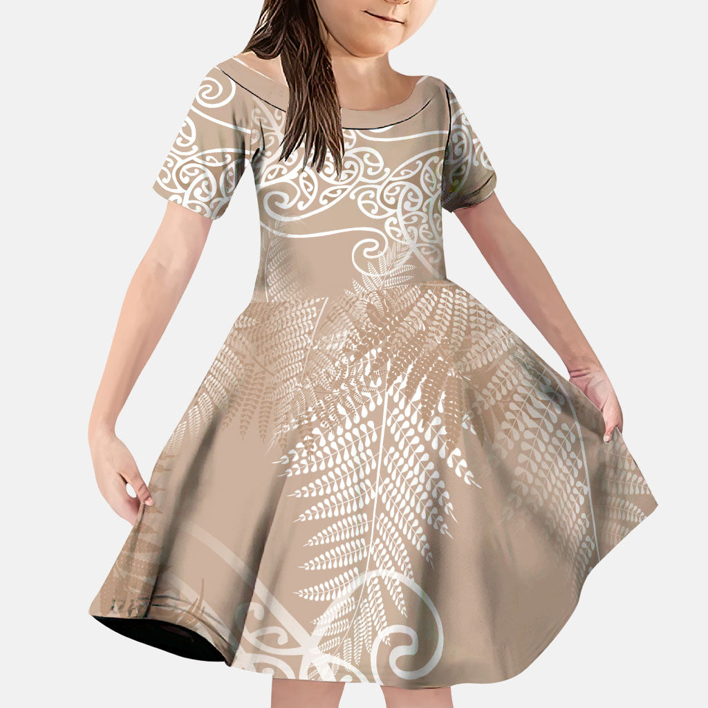 Aotearoa Maori Koru Curves Family Matching Summer Maxi Dress and Hawaiian Shirt Silver Ferns - Mocha LT7 Daughter's Dress Beige - Polynesian Pride