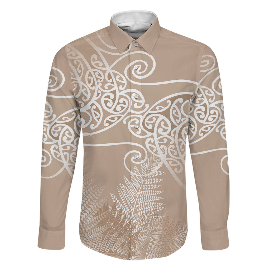 Aotearoa Maori Koru Curves Family Matching Summer Maxi Dress and Hawaiian Shirt Silver Ferns - Mocha LT7 Dad's Shirt - Long Sleeve Beige - Polynesian Pride