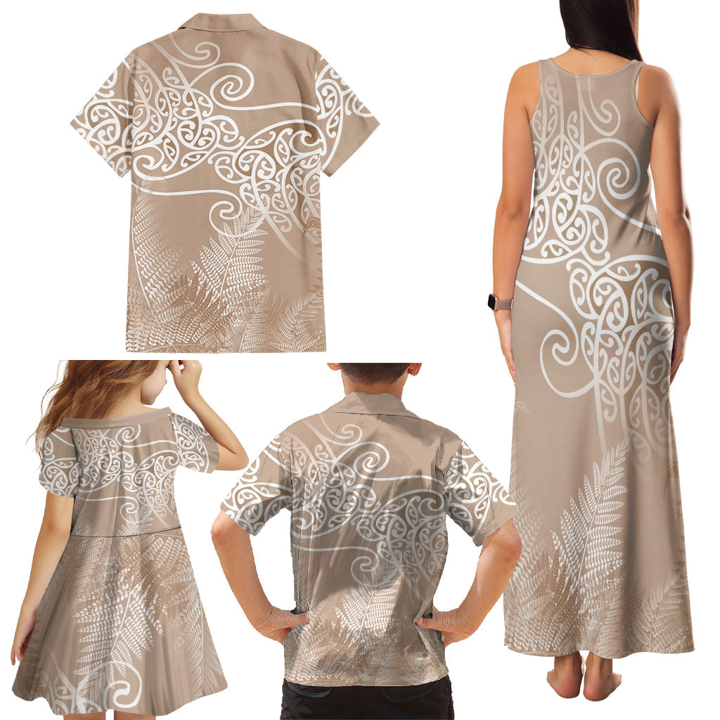 Aotearoa Maori Koru Curves Family Matching Tank Maxi Dress and Hawaiian Shirt Silver Ferns - Mocha LT7 - Polynesian Pride