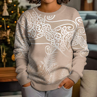 Aotearoa Maori Koru Curves Kid Ugly Christmas Sweater Silver Ferns - Mocha LT7 - Polynesian Pride