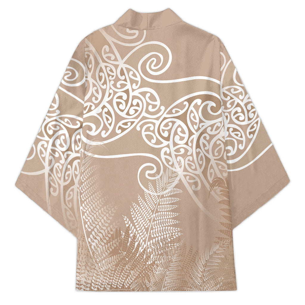 Aotearoa Maori Koru Curves Kimono Silver Ferns - Mocha