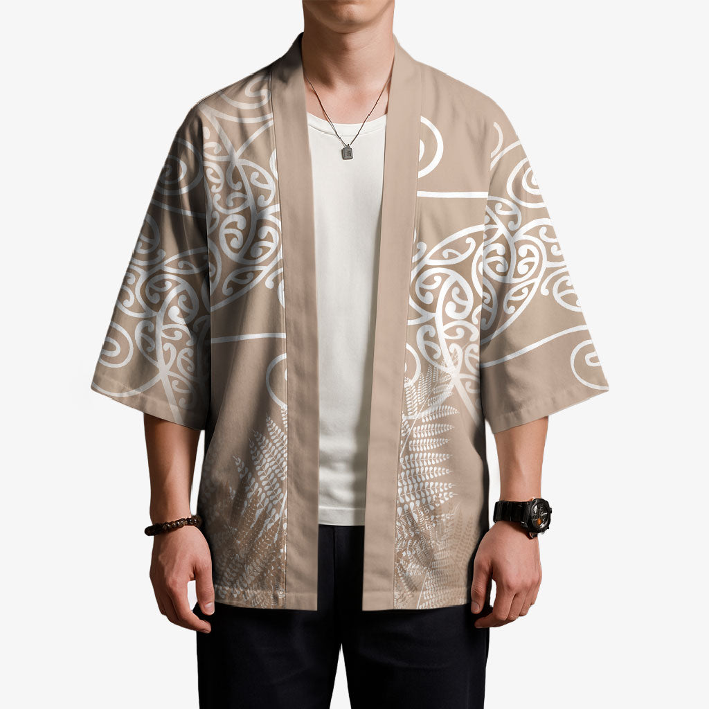 Aotearoa Maori Koru Curves Kimono Silver Ferns - Mocha