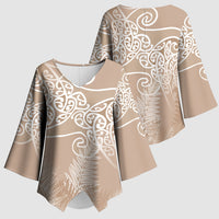 Aotearoa Maori Koru Curves Kimono Sleeve Blouse Silver Ferns - Mocha