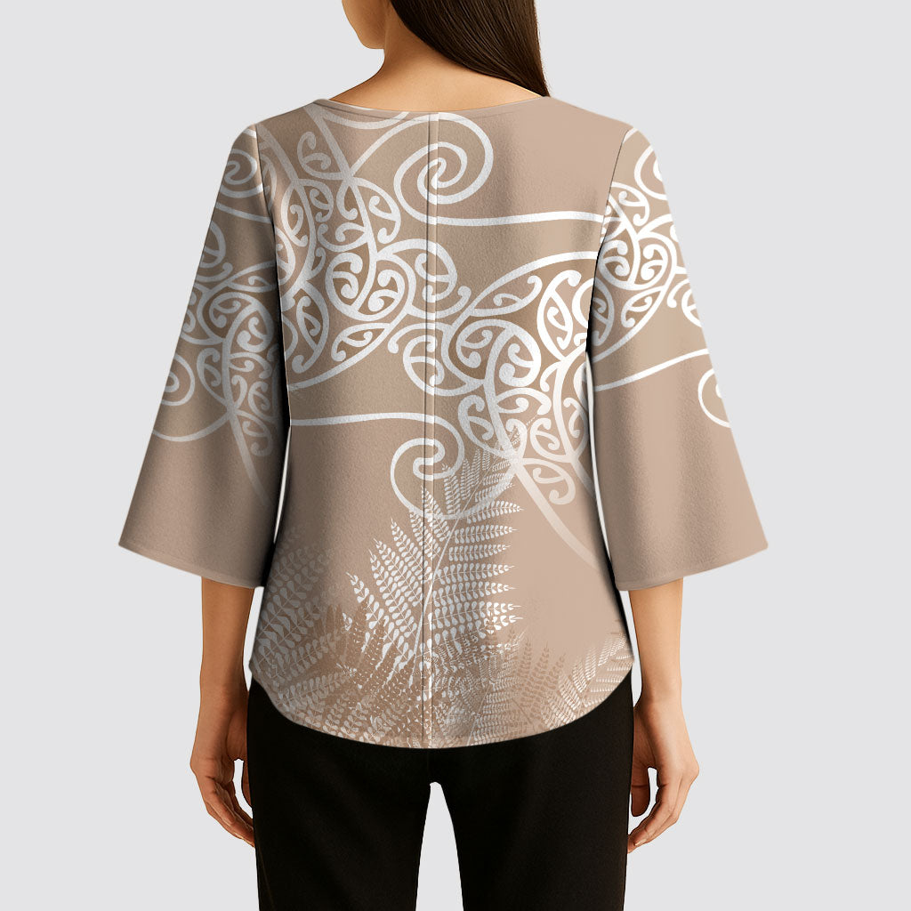 Aotearoa Maori Koru Curves Kimono Sleeve Blouse Silver Ferns - Mocha