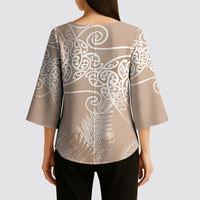 Aotearoa Maori Koru Curves Kimono Sleeve Blouse Silver Ferns - Mocha