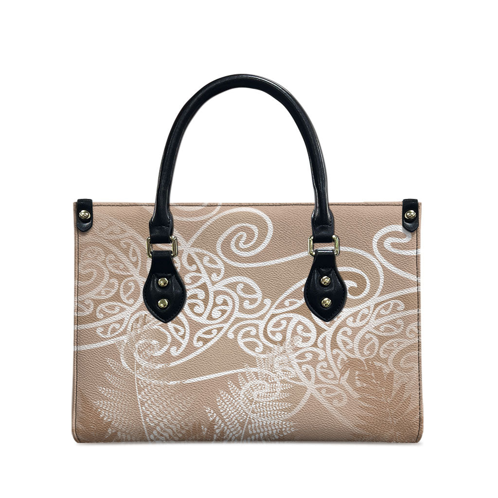 Aotearoa Maori Koru Curves Leather Bag Silver Ferns - Mocha