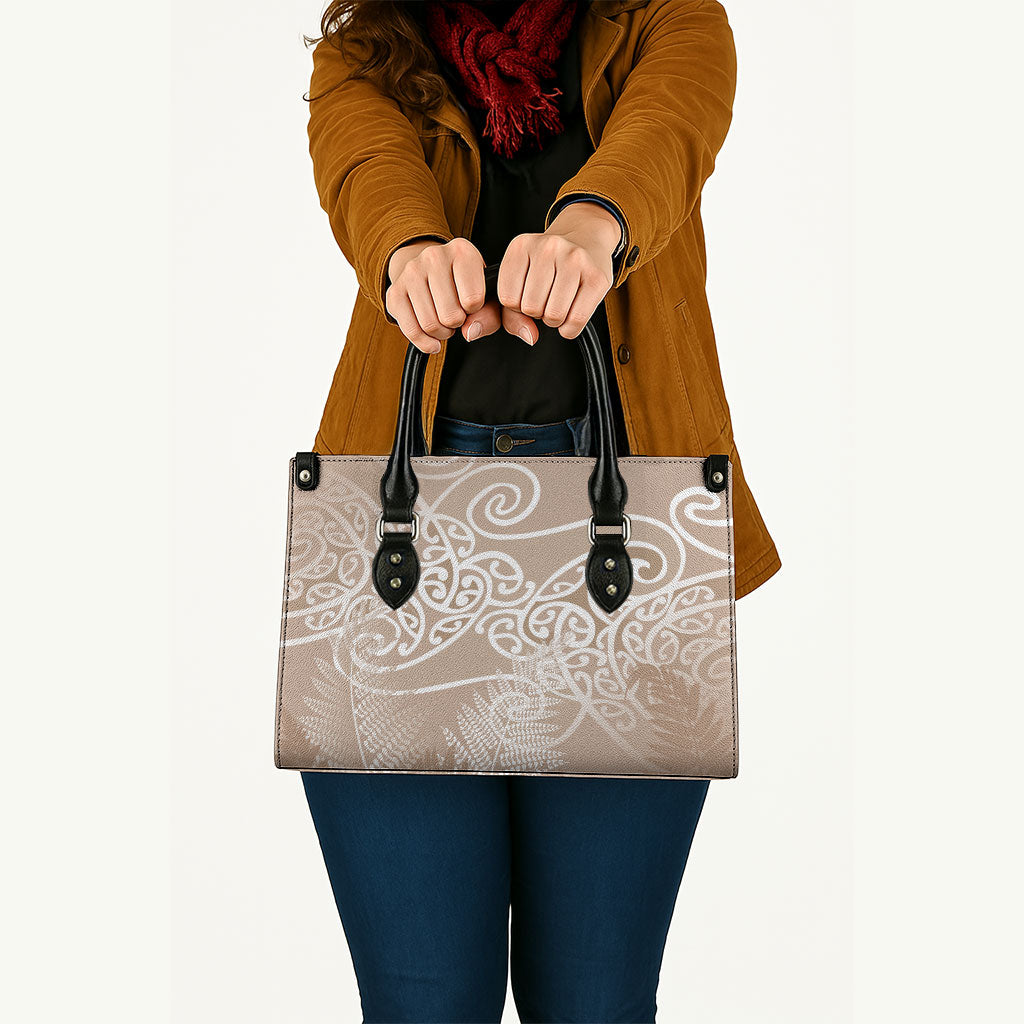Aotearoa Maori Koru Curves Leather Bag Silver Ferns - Mocha