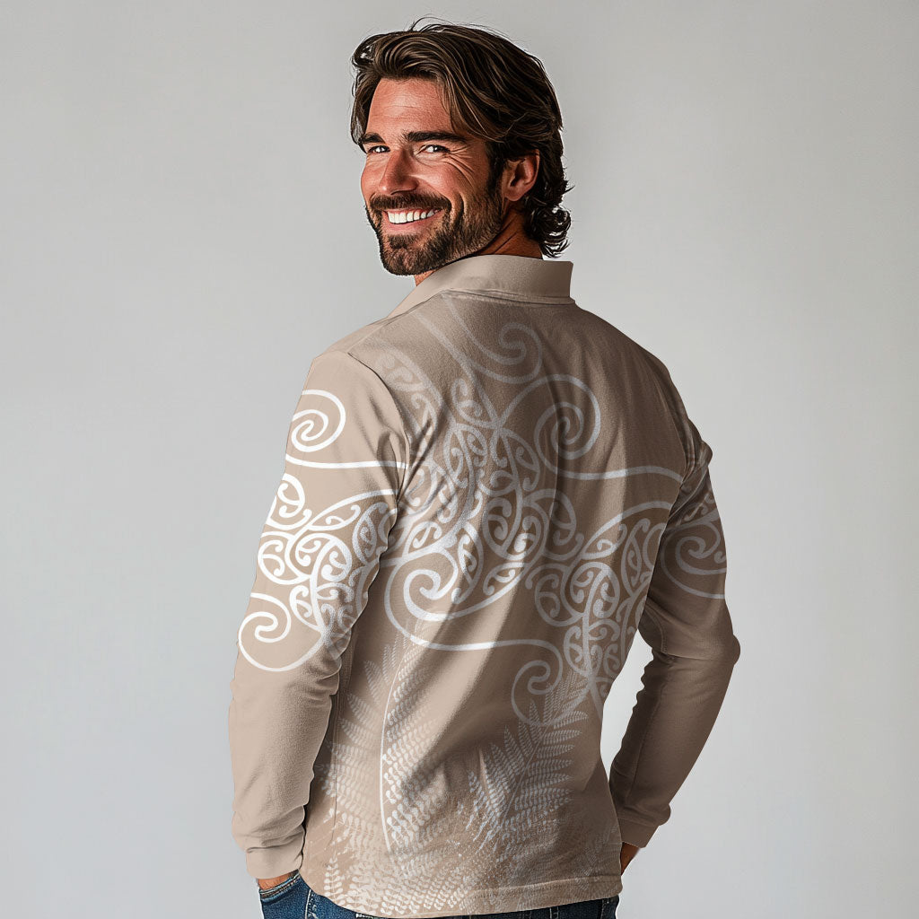Aotearoa Maori Koru Curves Long Sleeve Polo Shirt Silver Ferns - Mocha