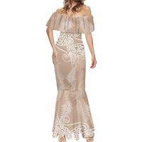 Aotearoa Maori Koru Curves Mermaid Dress Silver Ferns - Mocha