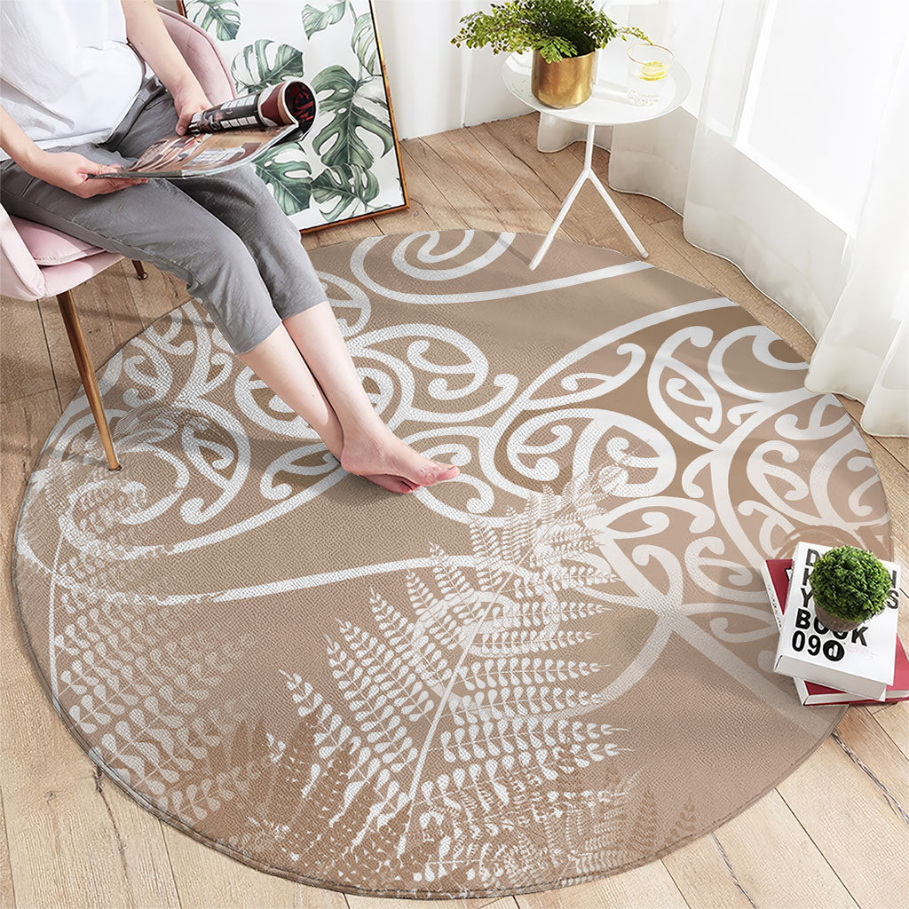 Aotearoa Maori Koru Curves Round Carpet Silver Ferns - Mocha