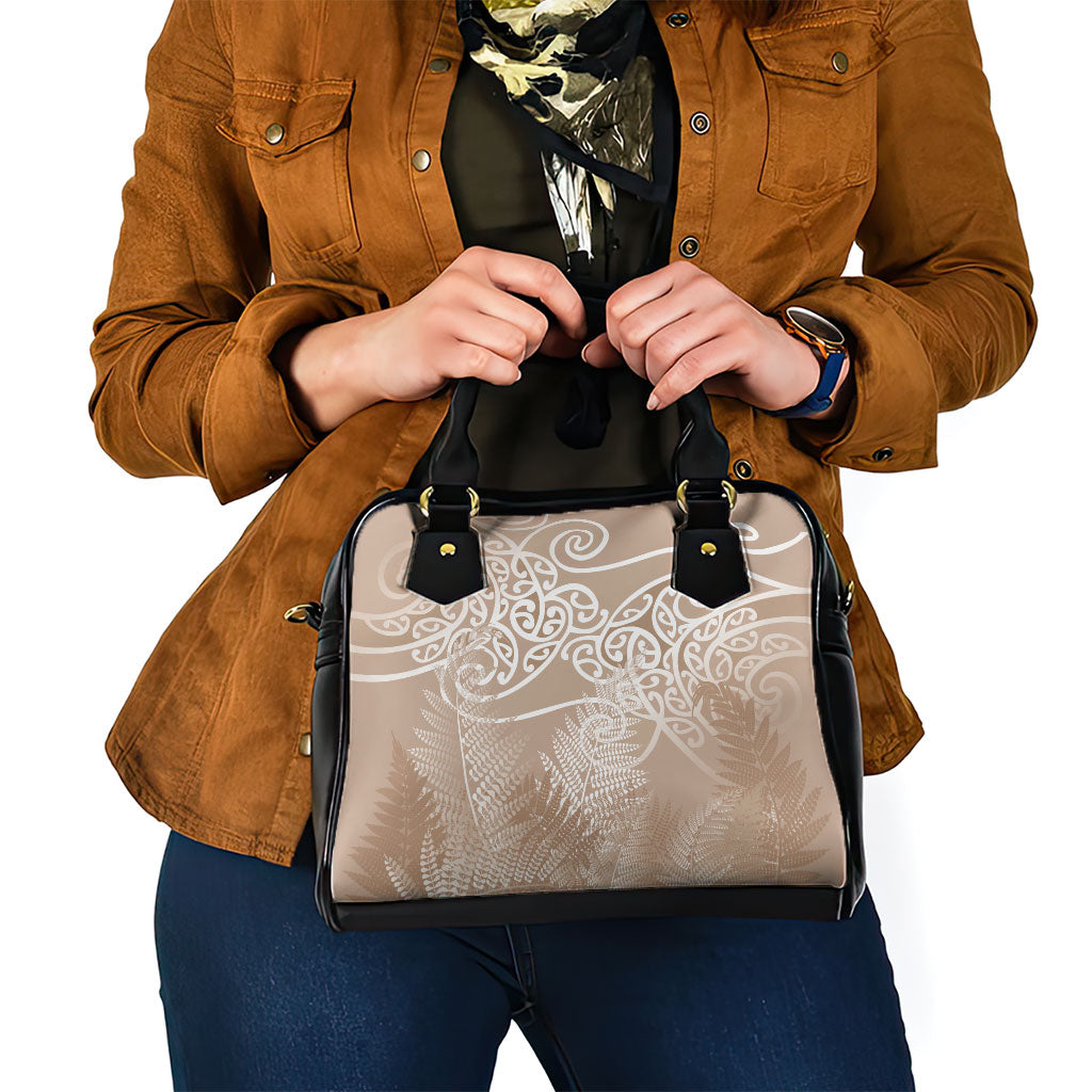 Aotearoa Maori Koru Curves Shoulder Handbag Silver Ferns - Mocha LT7 - Polynesian Pride