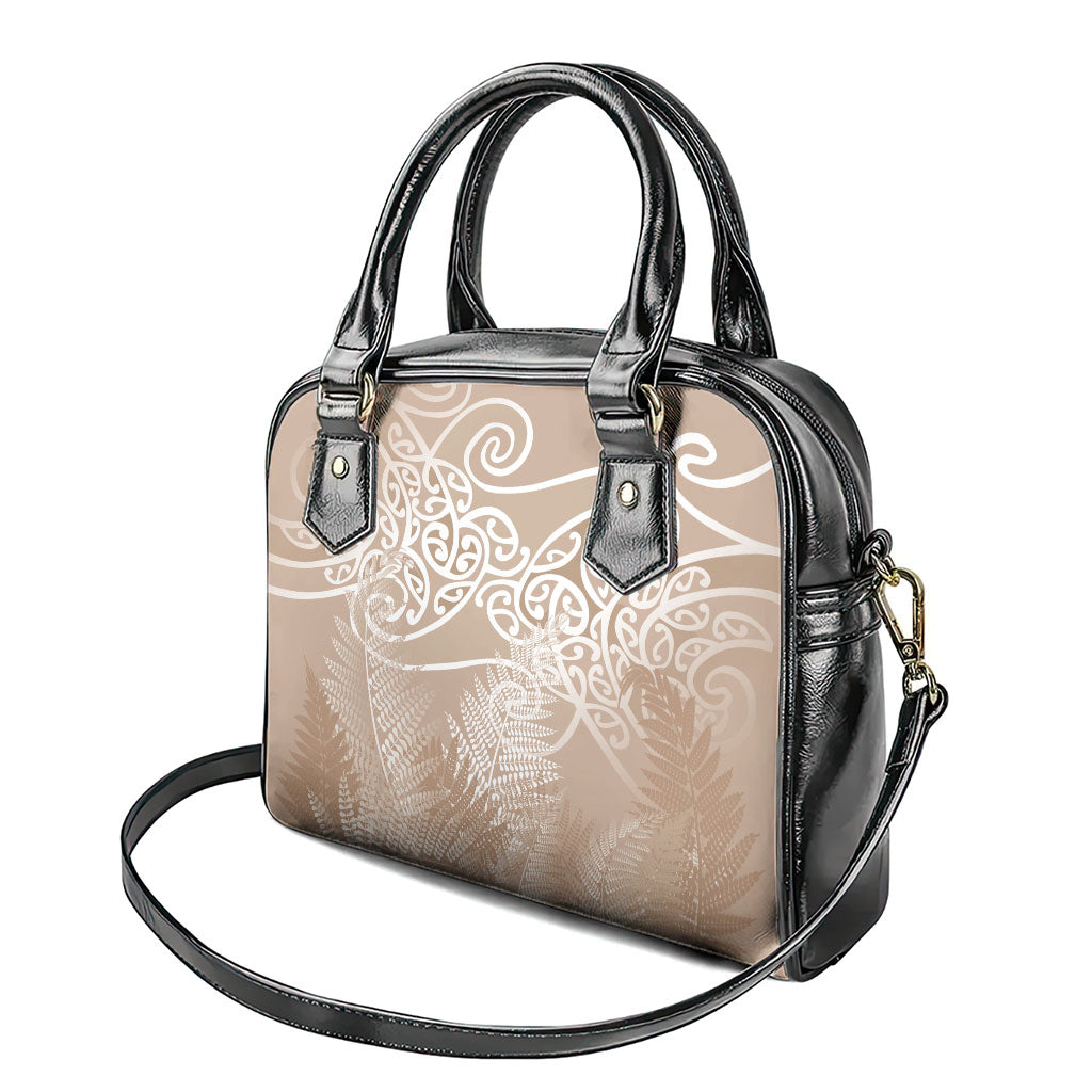 Aotearoa Maori Koru Curves Shoulder Handbag Silver Ferns - Mocha LT7 - Polynesian Pride