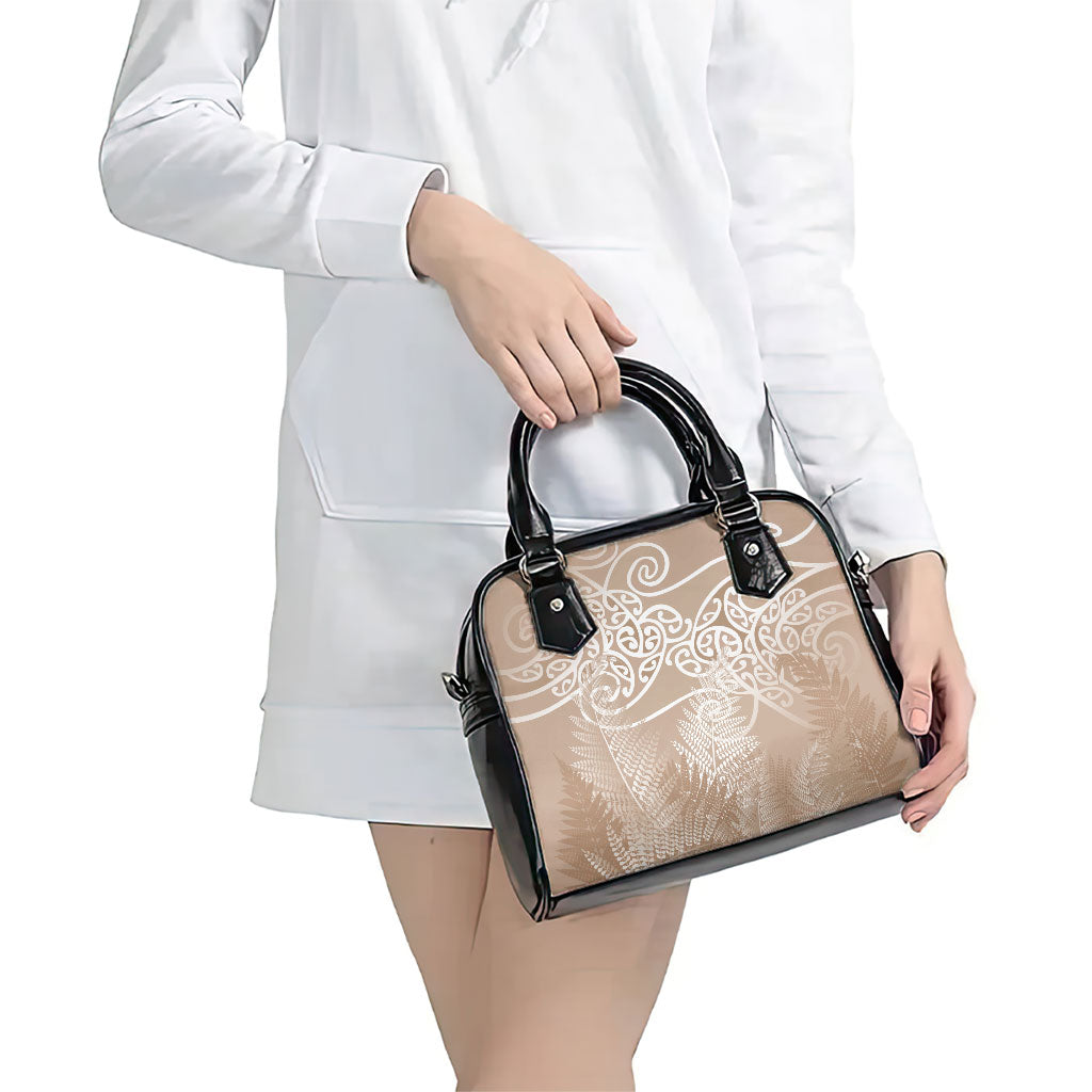 Aotearoa Maori Koru Curves Shoulder Handbag Silver Ferns - Mocha LT7 - Polynesian Pride