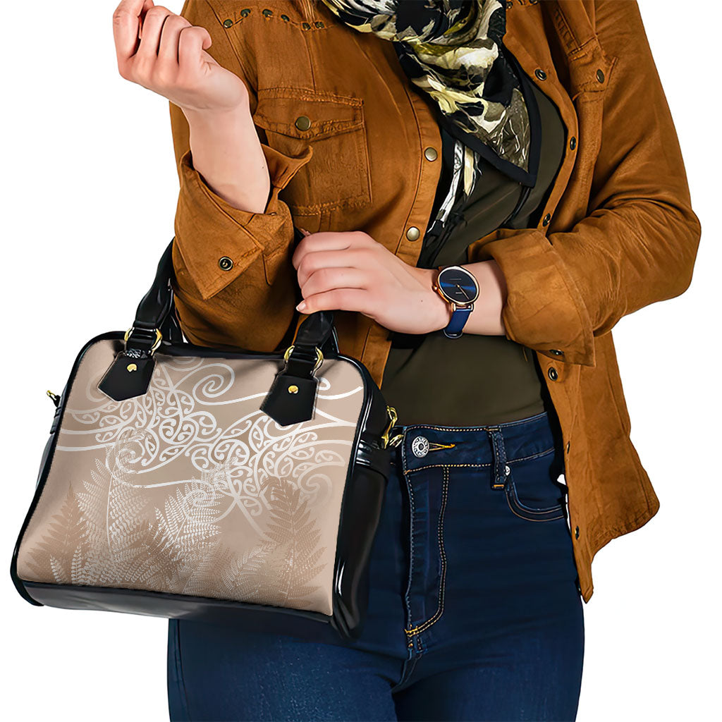 Aotearoa Maori Koru Curves Shoulder Handbag Silver Ferns - Mocha LT7 - Polynesian Pride