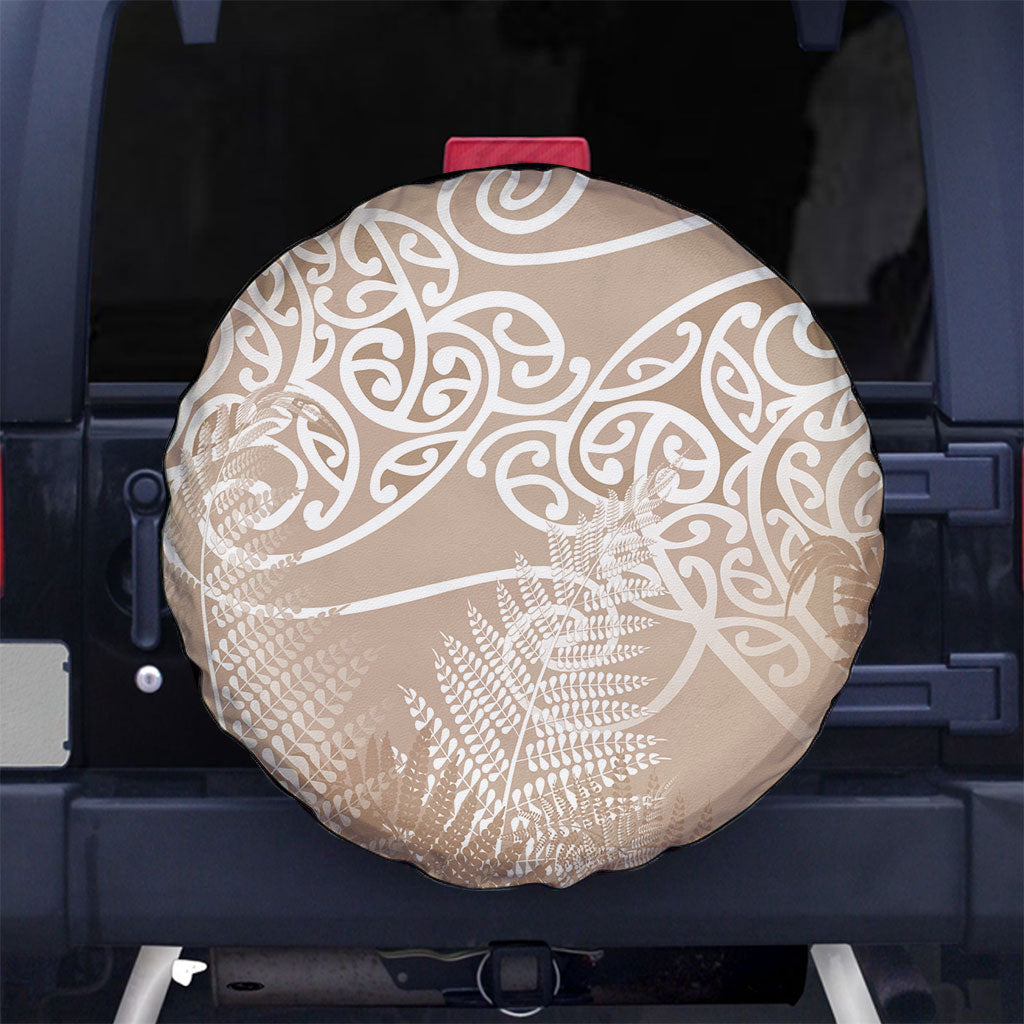 Aotearoa Maori Koru Curves Spare Tire Cover Silver Ferns - Mocha LT7 No hole Beige - Polynesian Pride
