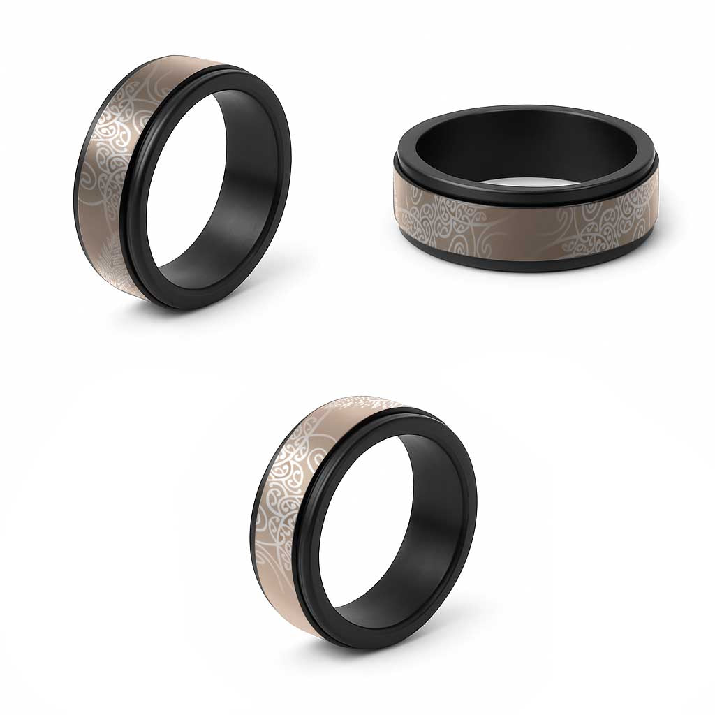 Aotearoa Maori Koru Curves Spinner Ring Silver Ferns - Mocha