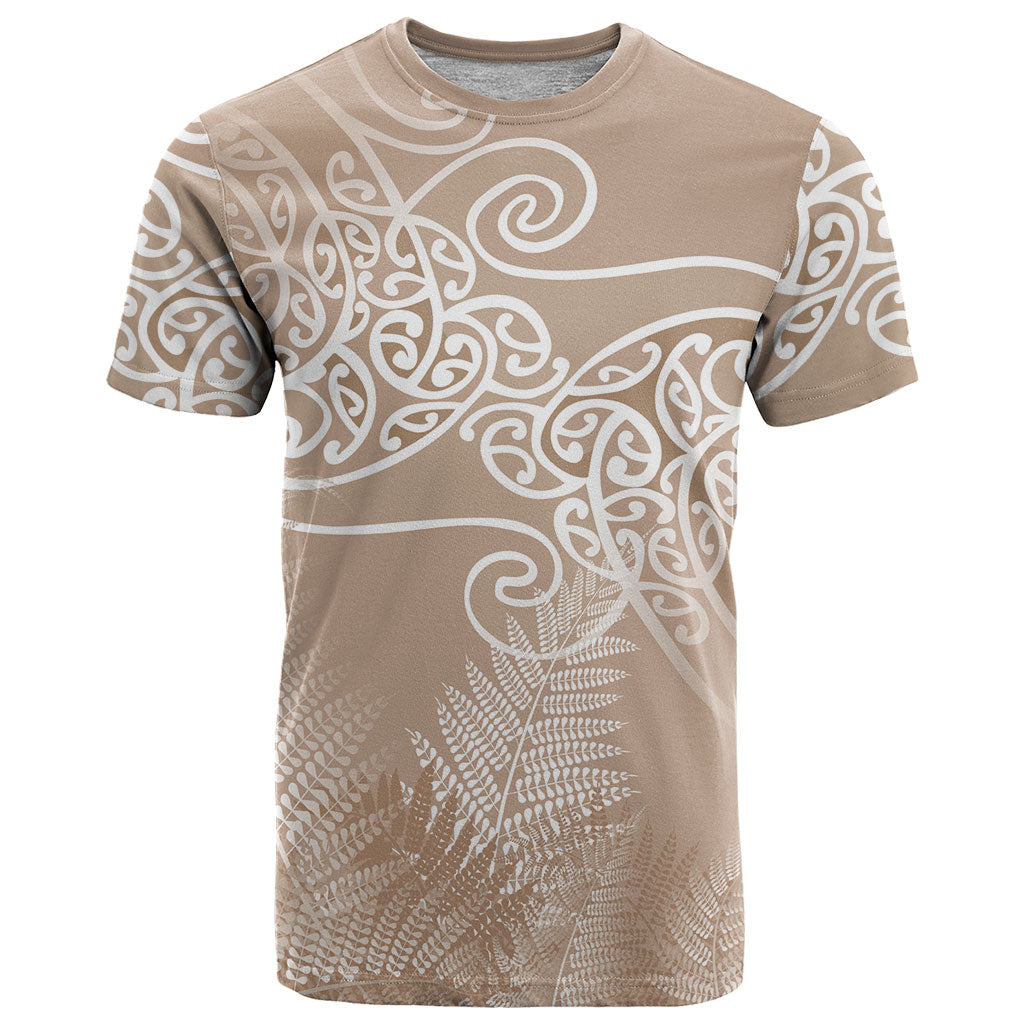 Aotearoa Maori Koru Curves T Shirt Silver Ferns - Mocha LT7 Beige - Polynesian Pride
