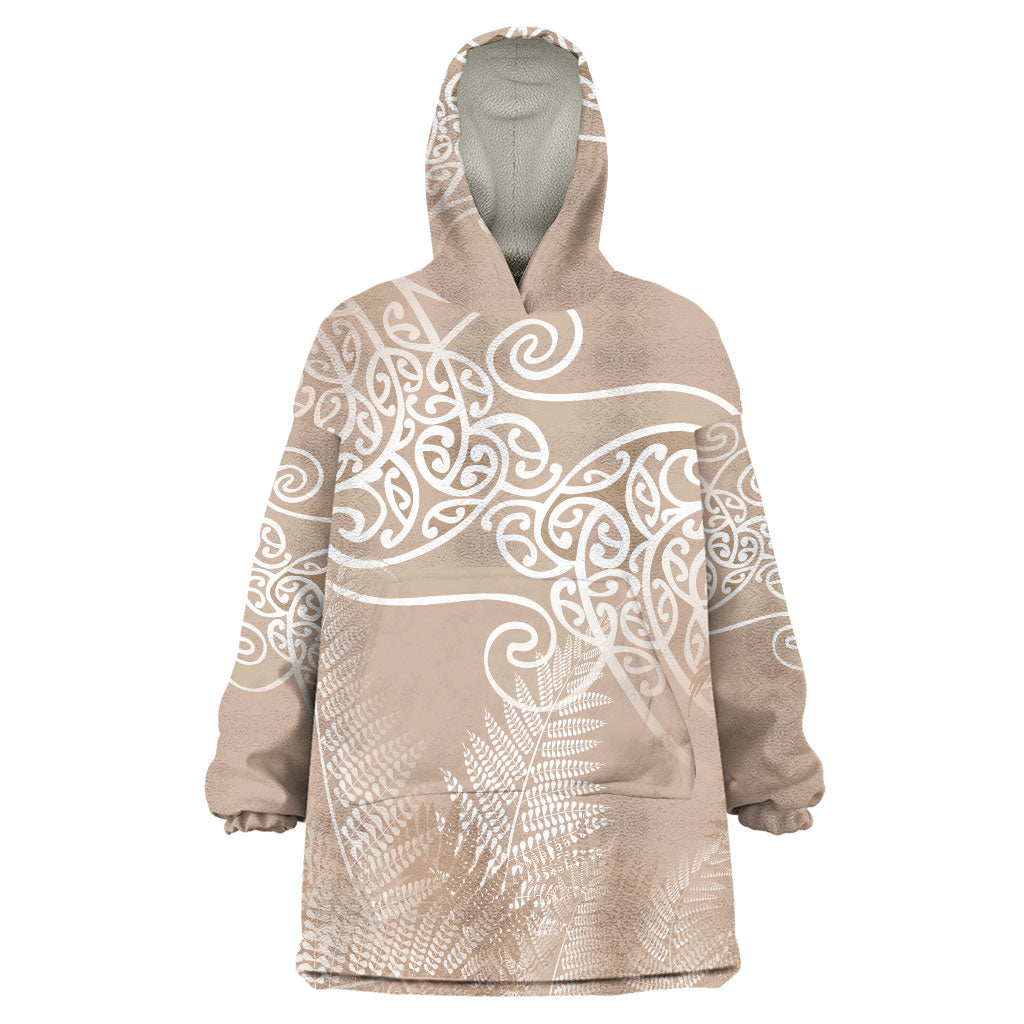 Aotearoa Maori Koru Curves Wearable Blanket Hoodie Silver Ferns - Mocha LT7 One Size Beige - Polynesian Pride