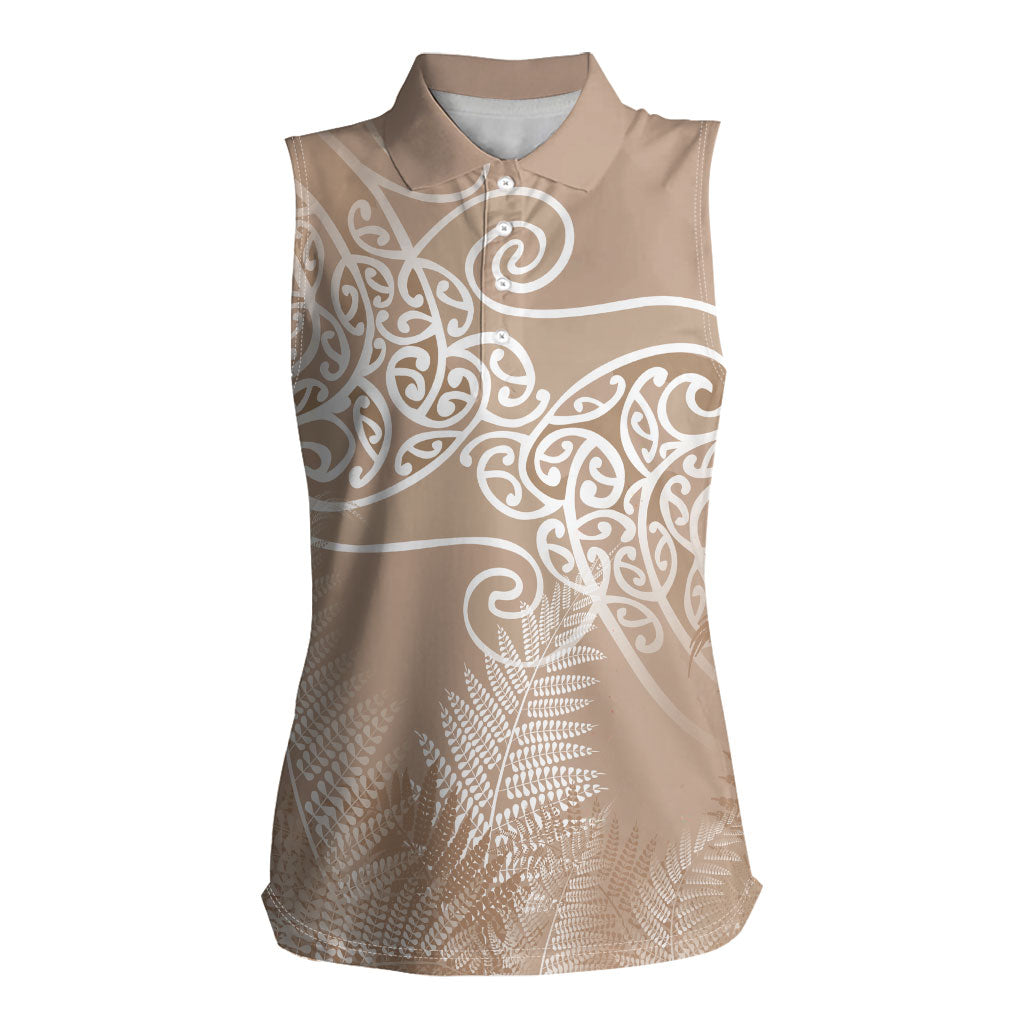 Aotearoa Maori Koru Curves Women Sleeveless Polo Shirt Silver Ferns - Mocha