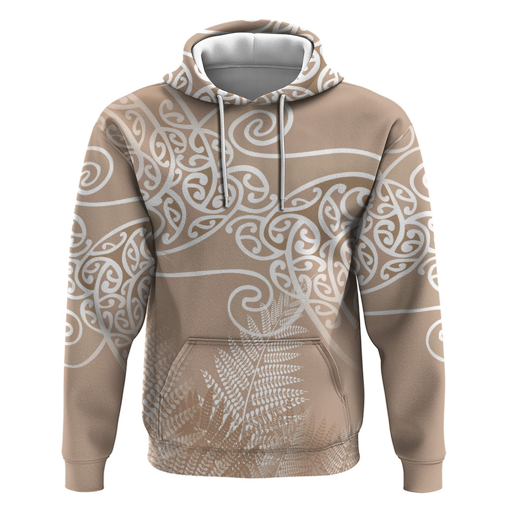 Aotearoa Maori Koru Curves Zip Hoodie Silver Ferns - Mocha