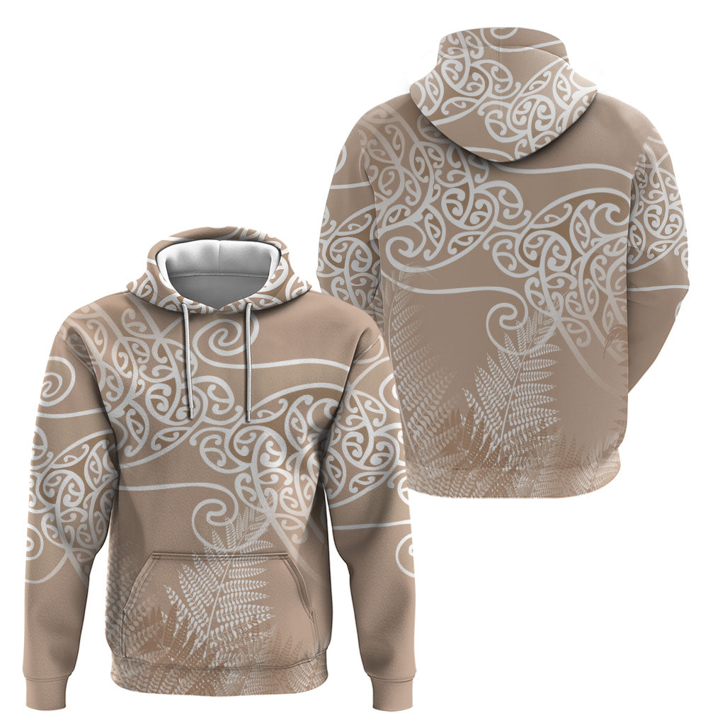 Aotearoa Maori Koru Curves Zip Hoodie Silver Ferns - Mocha