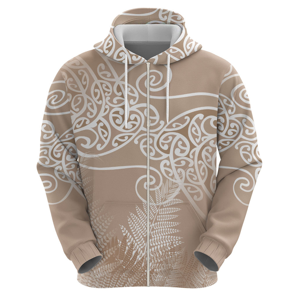 Aotearoa Maori Koru Curves Zip Hoodie Silver Ferns - Mocha