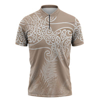 Aotearoa Maori Koru Curves Zipper Polo Shirt Silver Ferns - Mocha