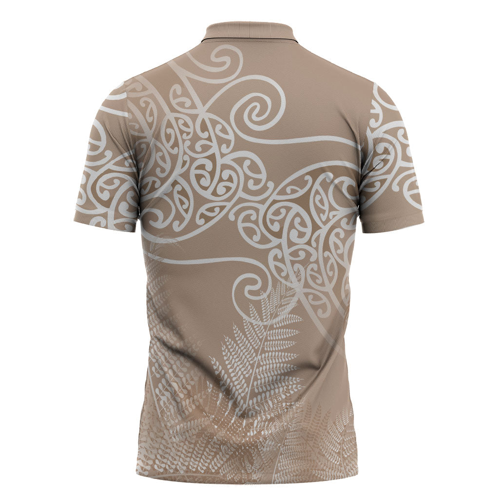 Aotearoa Maori Koru Curves Zipper Polo Shirt Silver Ferns - Mocha