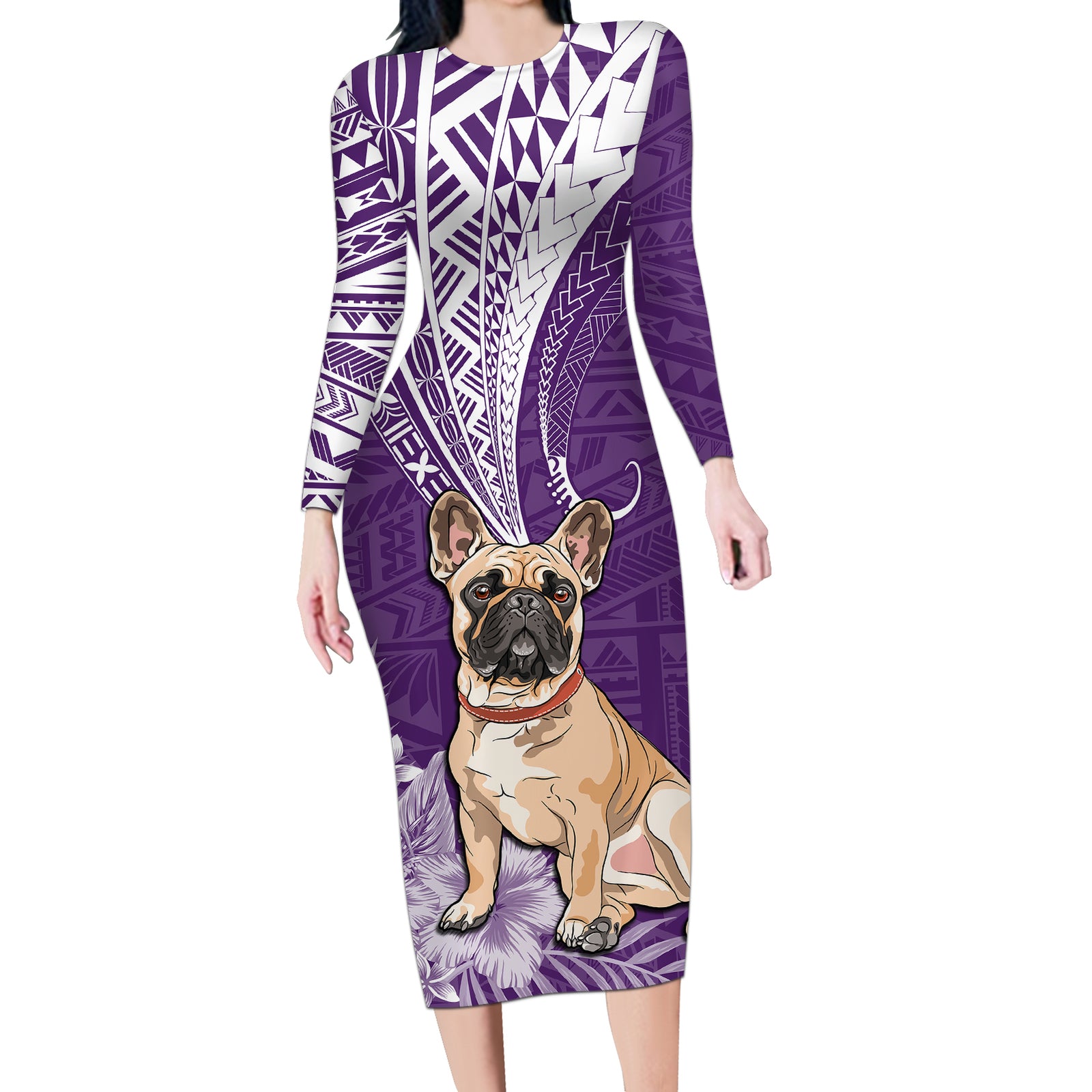 Personalised Polynesian Pacific Bulldog Long Sleeve Bodycon Dress With Violet Hawaii Tribal Tattoo Patterns LT7 Long Dress Purple - Polynesian Pride