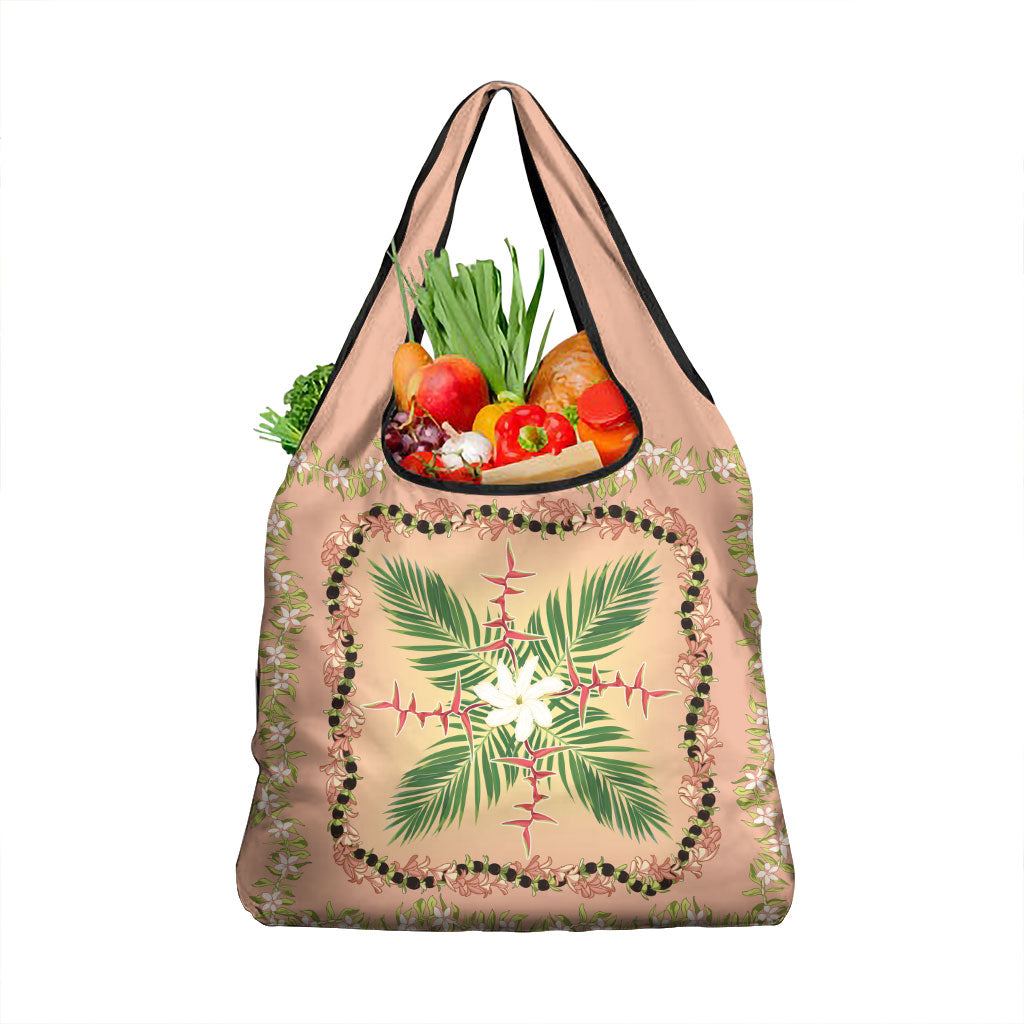 Hawaii Quilt Inspired Collection Aloha Flowers Grocery Bag Maile - Kukui Nut Lei LT7 1-pack One Size Coral Pink - Polynesian Pride