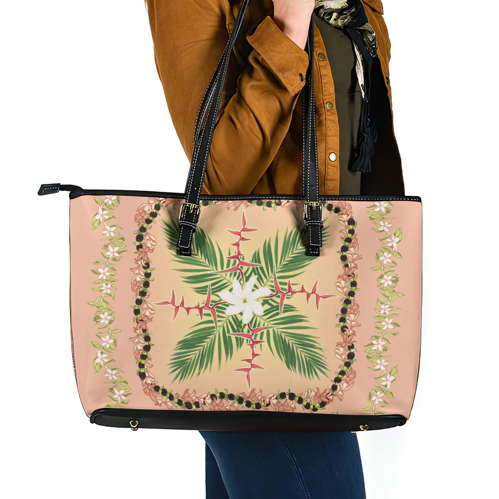 Hawaii Quilt Inspired Collection Aloha Flowers Leather Tote Bag Maile - Kukui Nut Lei LT7 - Polynesian Pride