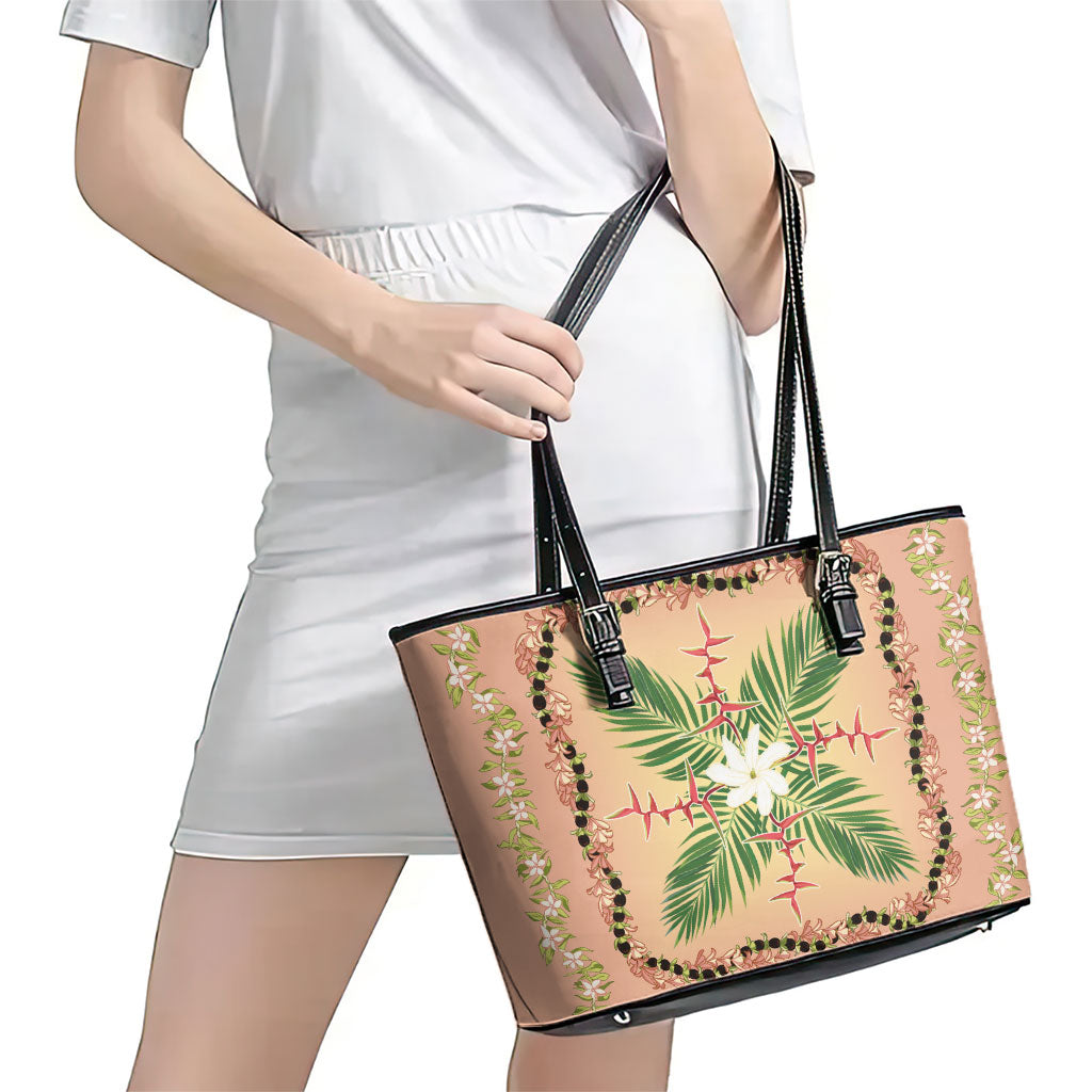 Hawaii Quilt Inspired Collection Aloha Flowers Leather Tote Bag Maile - Kukui Nut Lei LT7 - Polynesian Pride
