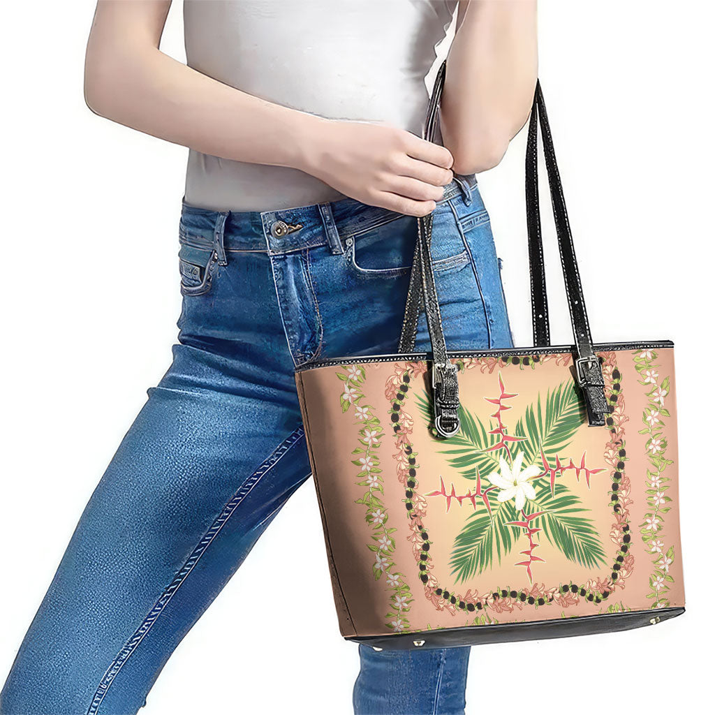 Hawaii Quilt Inspired Collection Aloha Flowers Leather Tote Bag Maile - Kukui Nut Lei LT7 - Polynesian Pride