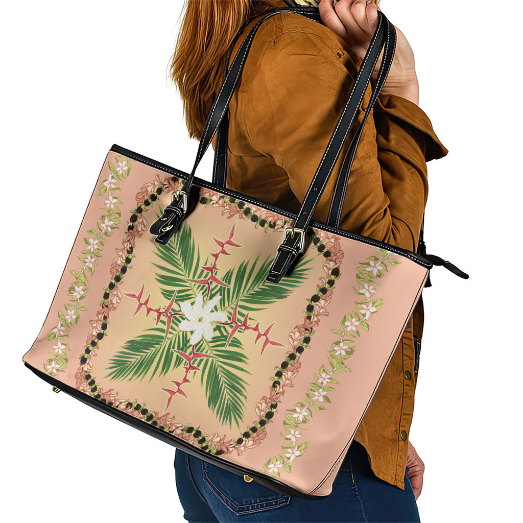 Hawaii Quilt Inspired Collection Aloha Flowers Leather Tote Bag Maile - Kukui Nut Lei LT7 - Polynesian Pride