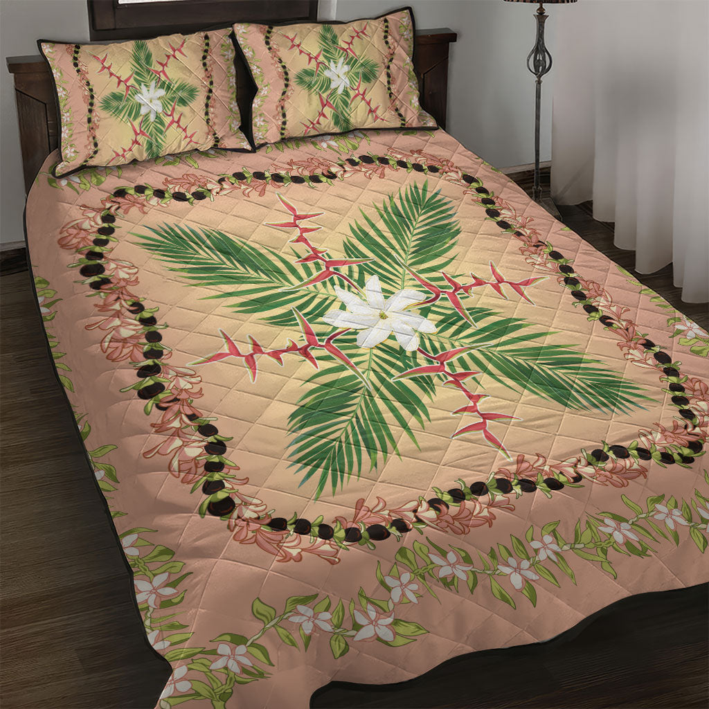 Hawaii Quilt Inspired Collection Aloha Flowers Quilt Bed Set Maile - Kukui Nut Lei LT7 Coral Pink - Polynesian Pride