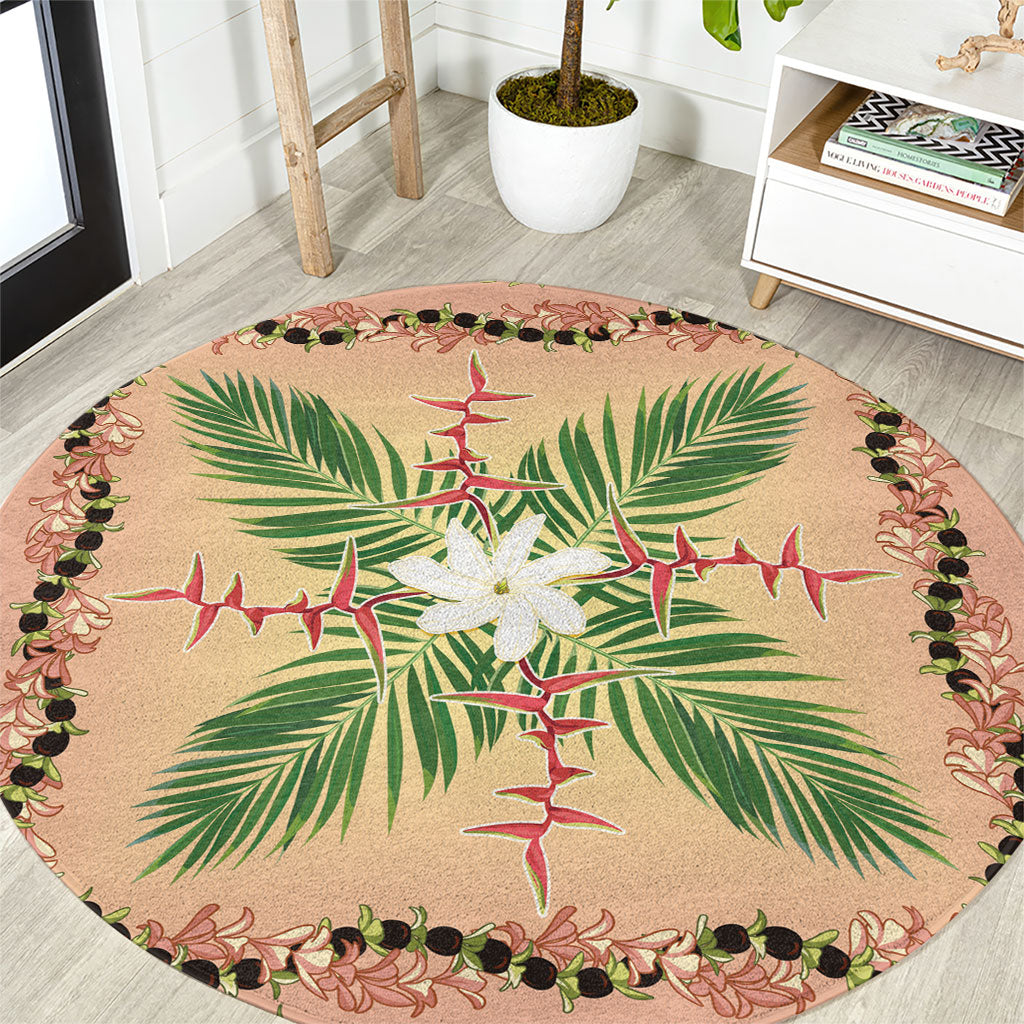 Hawaii Quilt Inspired Collection Aloha Flowers Round Carpet Maile - Kukui Nut Lei LT7 Coral Pink - Polynesian Pride