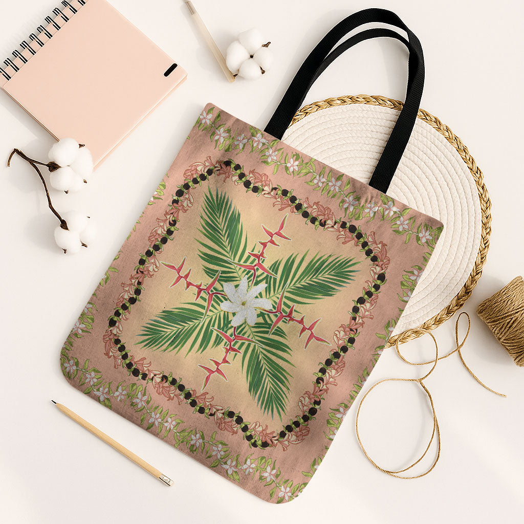 Hawaii Quilt Inspired Collection Aloha Flowers Tote Bag Maile - Kukui Nut Lei LT7 Black Strap One Size Coral Pink - Polynesian Pride