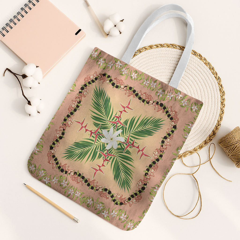 Hawaii Quilt Inspired Collection Aloha Flowers Tote Bag Maile - Kukui Nut Lei LT7 White Strap One Size Coral Pink - Polynesian Pride
