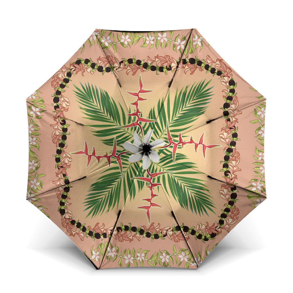 Hawaii Quilt Inspired Collection Aloha Flowers Umbrella Maile - Kukui Nut Lei LT7 One Size Folded 11.42 inch Opened Diameter 37.4 inch Coral Pink - Polynesian Pride