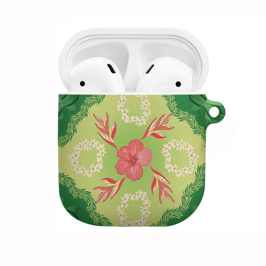 Hawaii Quilt Inspired Collection Aloha Flowers AirPods Case Plumeria - Ti Leaf Lei LT7 Green - Polynesian Pride