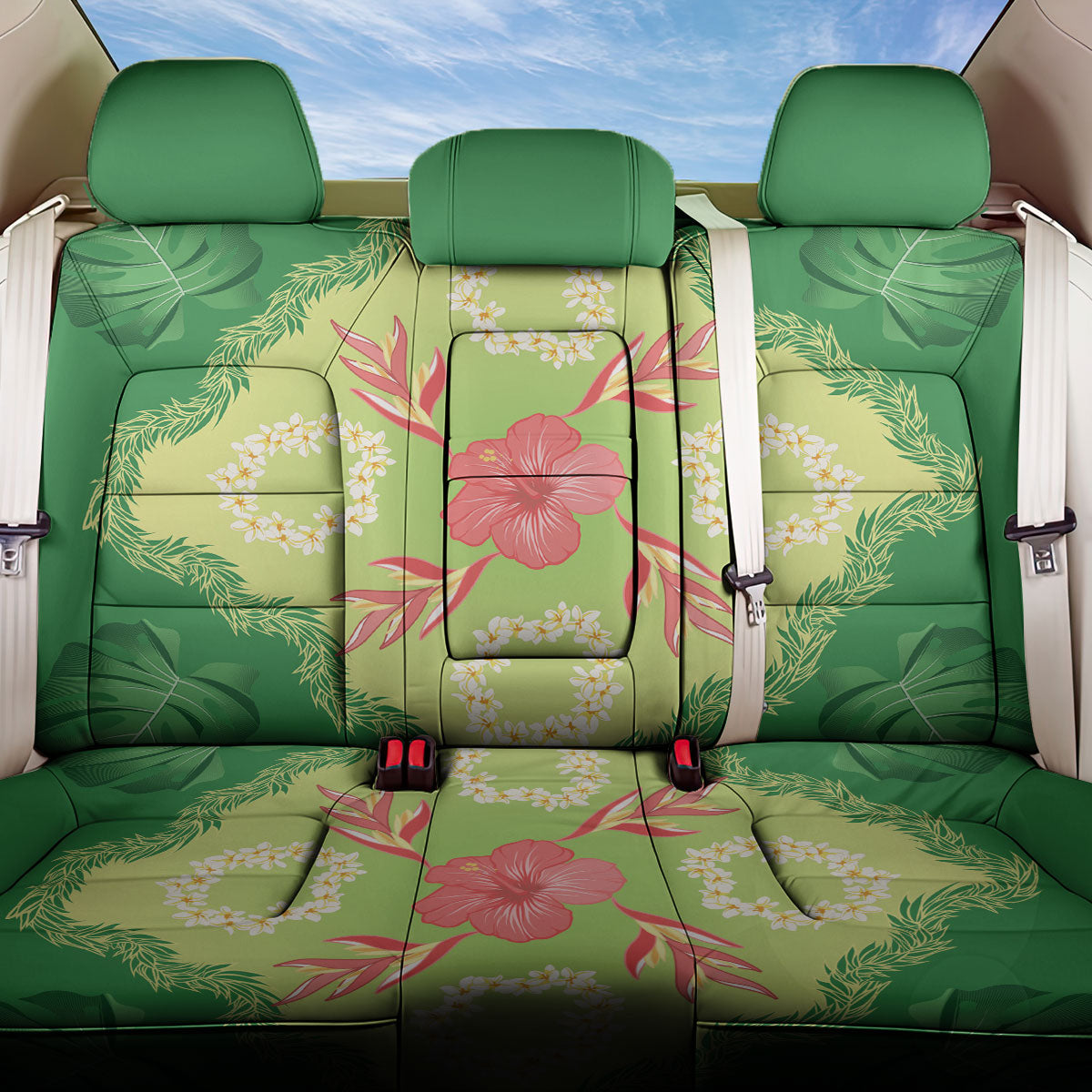 Hawaii Quilt Inspired Collection Aloha Flowers Back Car Seat Cover Plumeria - Ti Leaf Lei LT7 One Size Green - Polynesian Pride