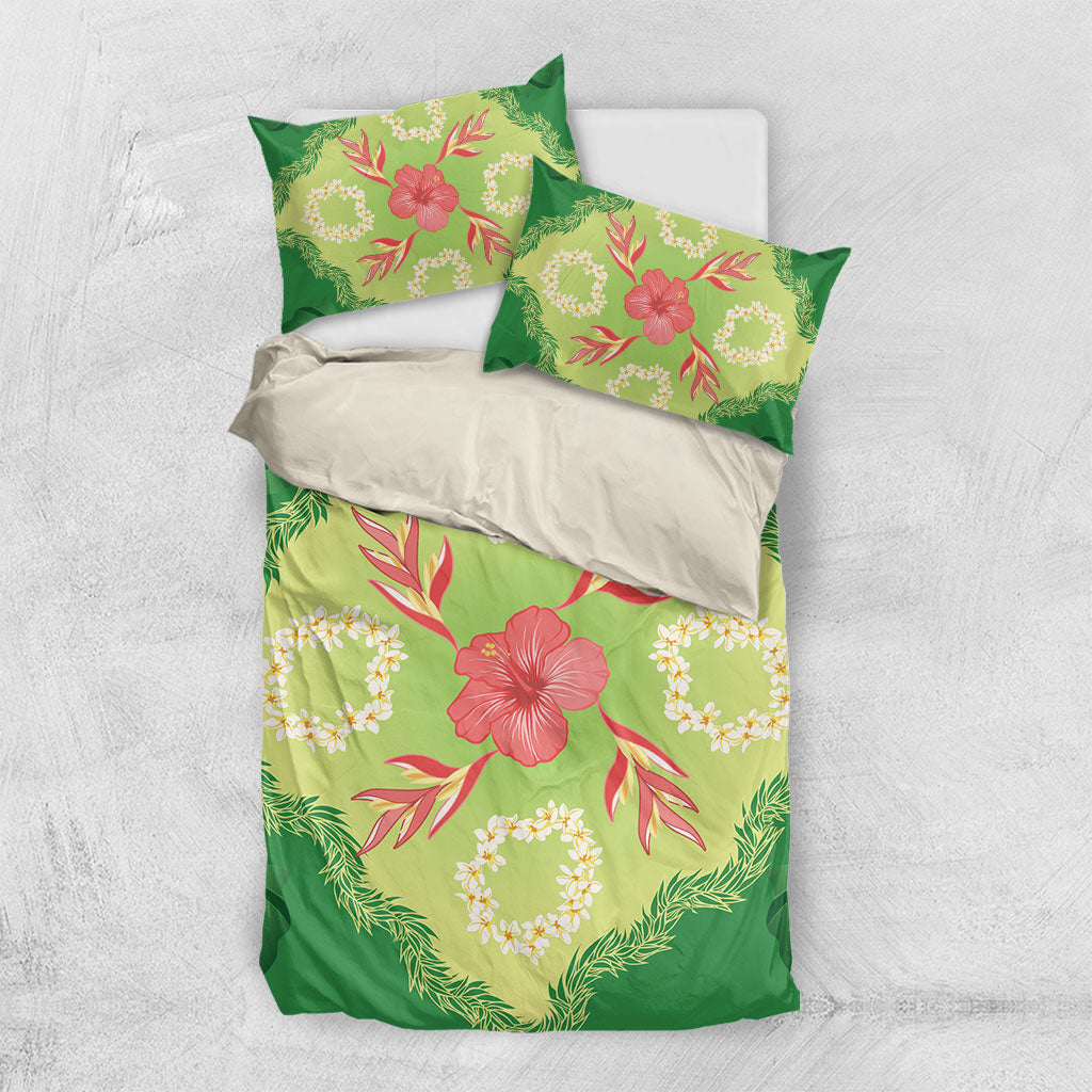 Hawaii Quilt Inspired Collection Aloha Flowers Bedding Set Plumeria - Ti Leaf Lei LT7 US Twin 172cm x 218cm Green - Polynesian Pride