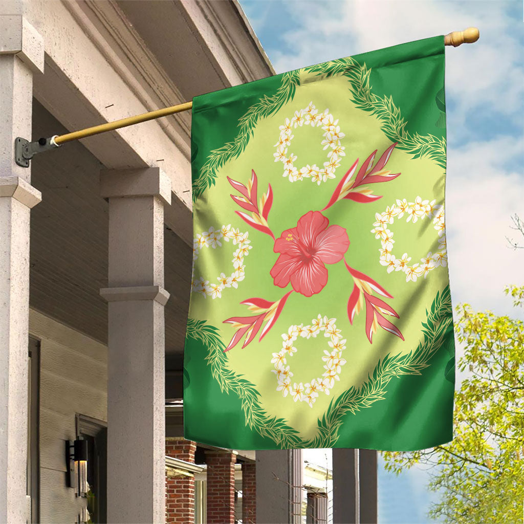 Hawaii Quilt Inspired Collection Aloha Flowers Garden Flag Plumeria - Ti Leaf Lei LT7 House Flag Green - Polynesian Pride