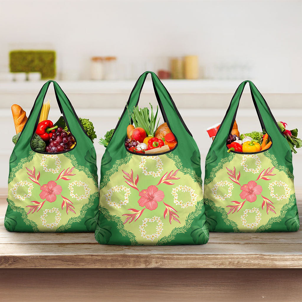 Hawaii Quilt Inspired Collection Aloha Flowers Grocery Bag Plumeria - Ti Leaf Lei LT7 3-pack One Size Green - Polynesian Pride