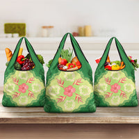 Hawaii Quilt Inspired Collection Aloha Flowers Grocery Bag Plumeria - Ti Leaf Lei LT7 3-pack One Size Green - Polynesian Pride